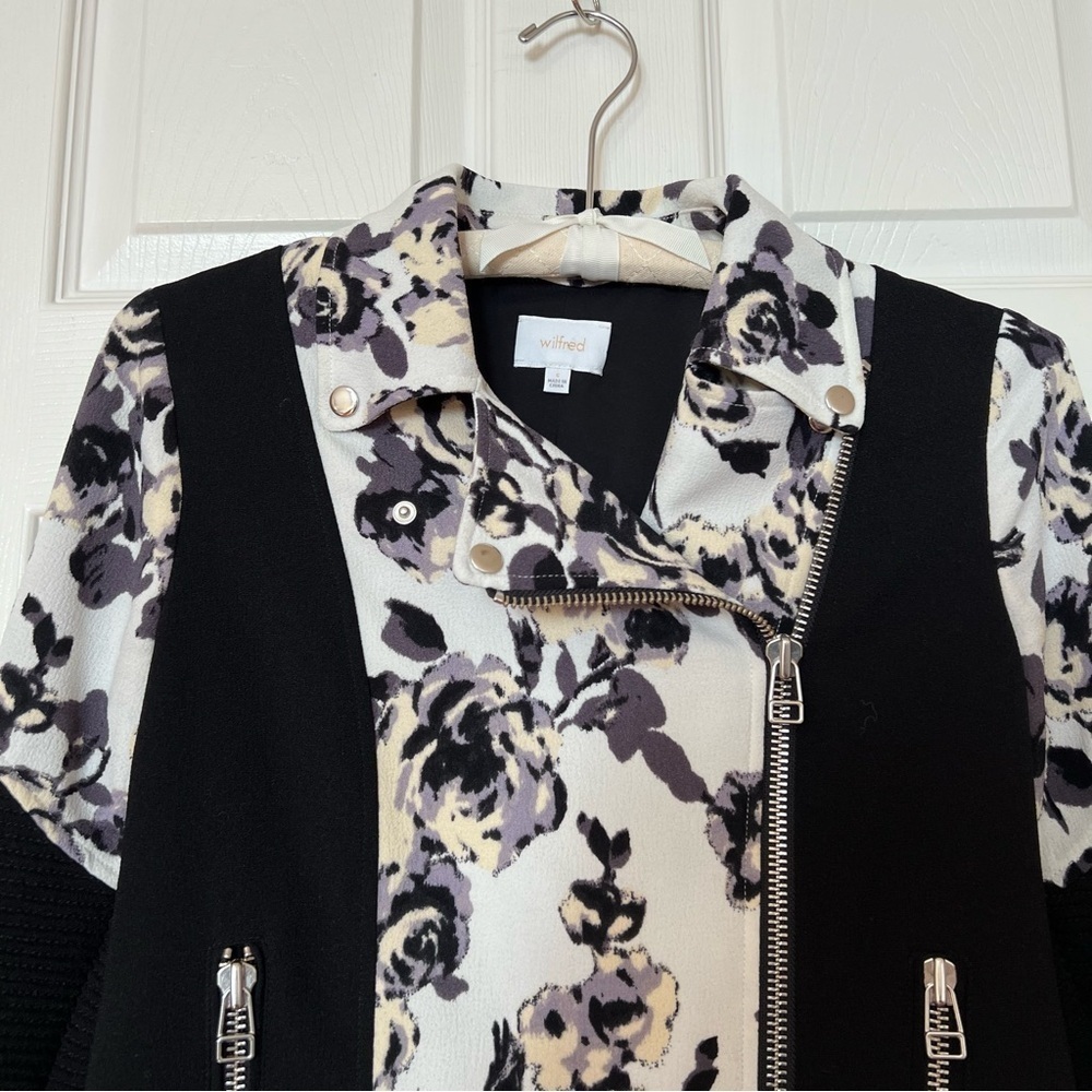 Aritzia Wilfred Black White Floral Montesson Moto Crepe Jacket - Sz 6 - Picture 4 of 16